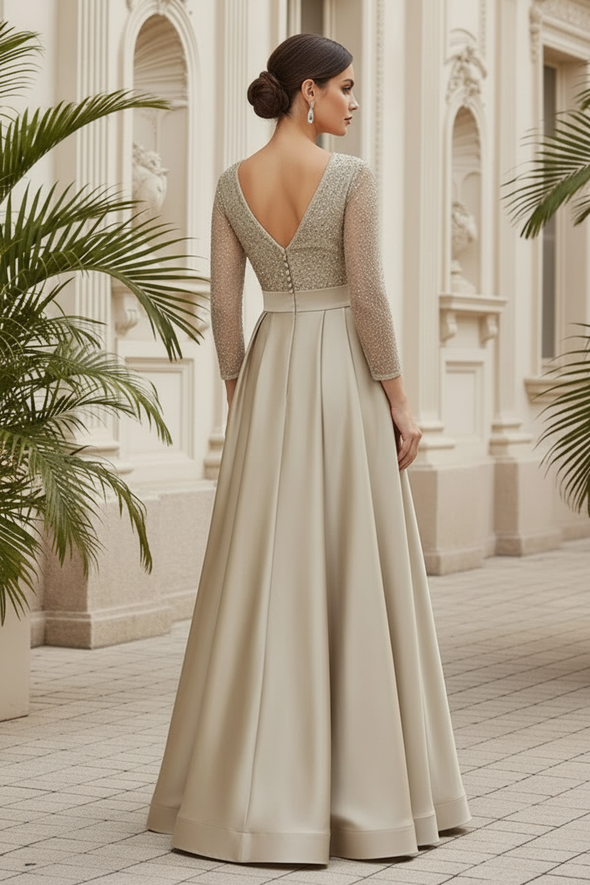 A-Line V-Neck Long Sleeves Satin/Sequined Mother Of The Bride Dresses