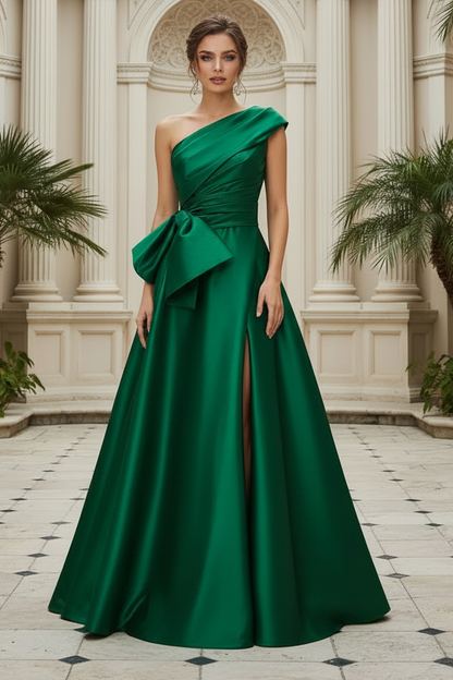 A-Line One-Shoulder Sleeveless Satin Mother Of The Bride Dresses With High Split
