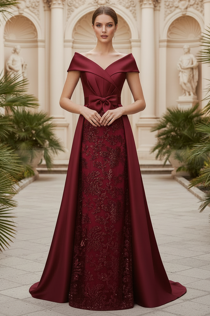 Elegant Off-The-Shoulder Overskirt Sweep Train Satin Mother Of The Bride Dresses With Lace