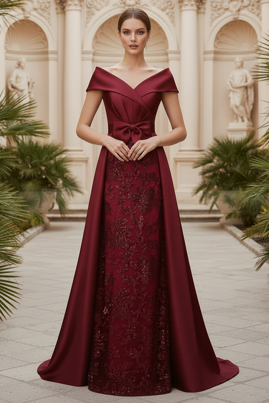 Elegant Off-The-Shoulder Overskirt Sweep Train Satin Mother Of The Bride Dresses With Lace