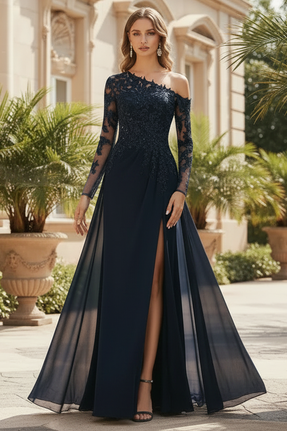 Lace Long Sleeves Asymmetrical Elegant Mother Of The Bride Dresses With Split Lace