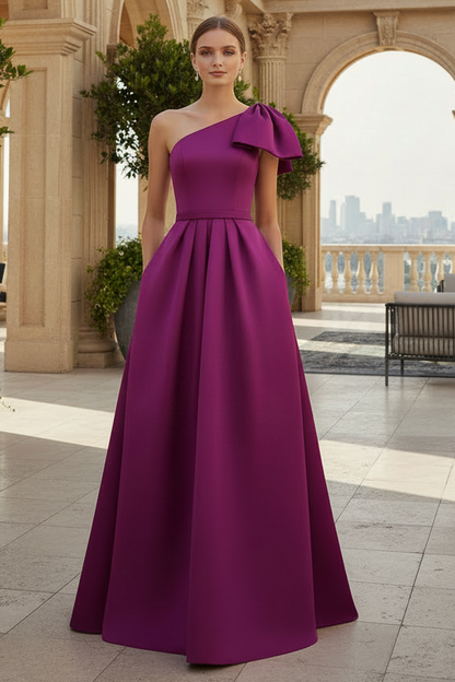Unique Bow Accented One-Shoulder Ruched Wasit Satin Mother Of The Bride Dresses