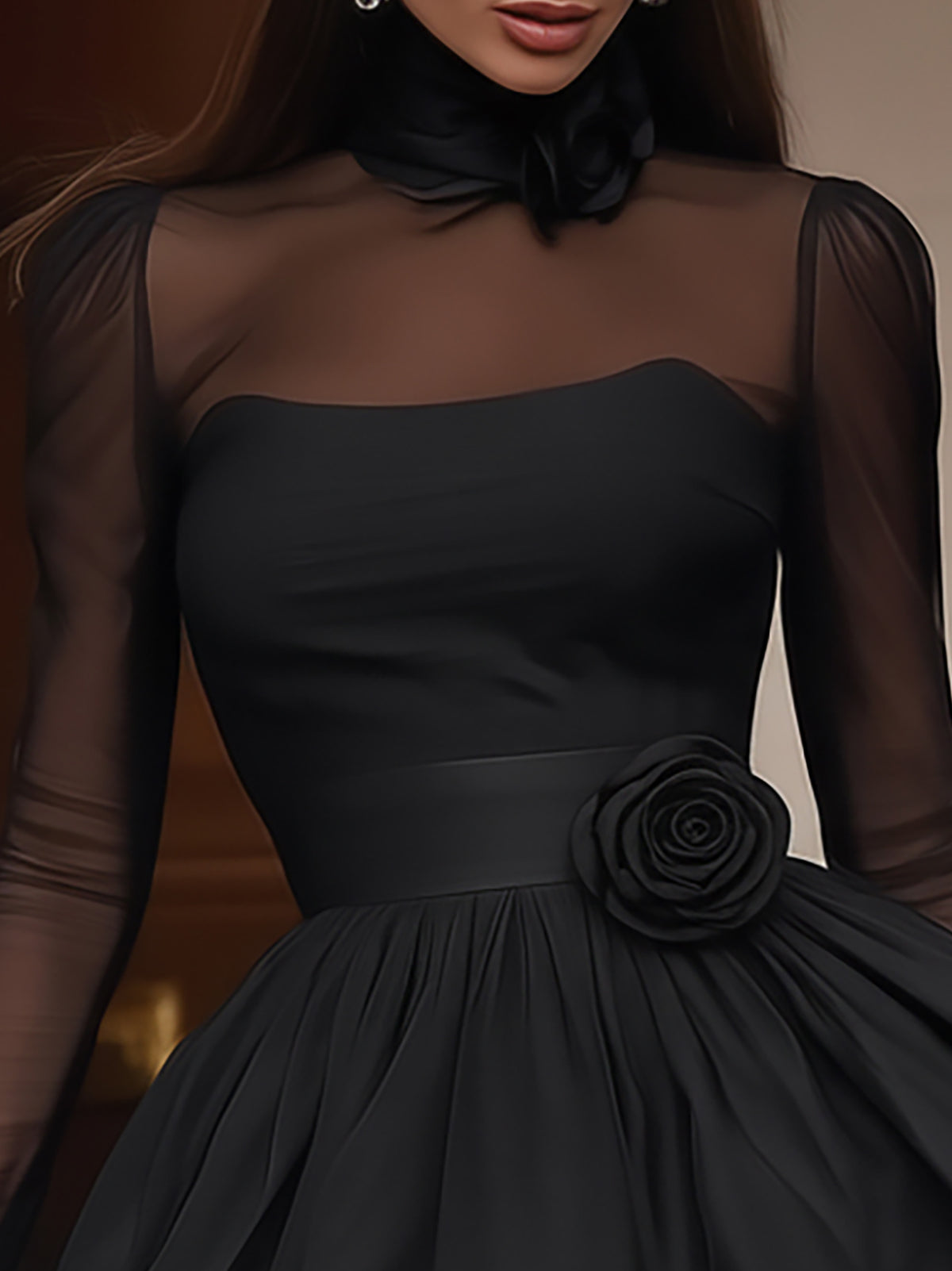 Chic Black Tulle Accent Puff Skirt Dress