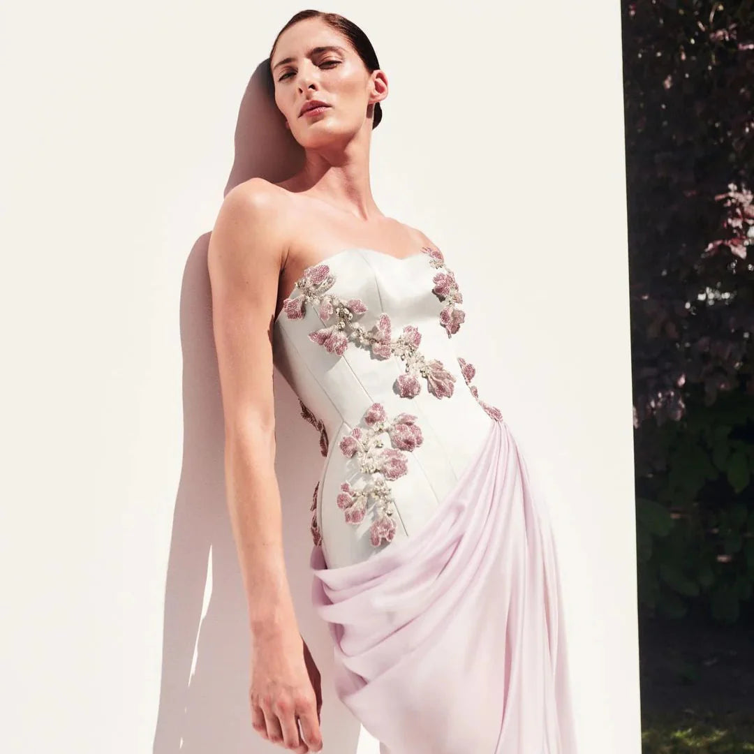 Sweetheart Ruched Floral Embellished Sheath Evening Dress