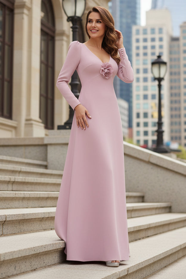 Long Sleeve V-Neck A-Line Evening Gown with 3D Flower