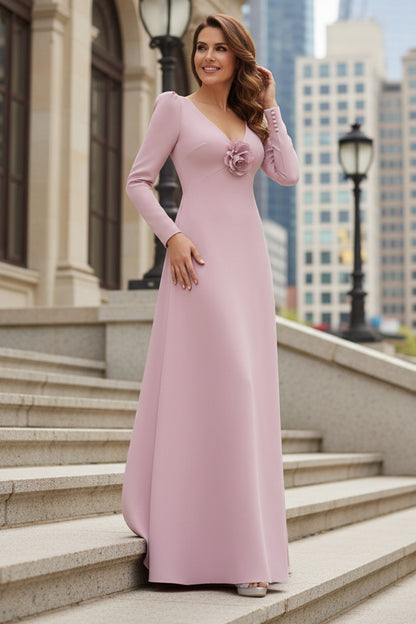 Long Sleeve V-Neck A-Line Evening Gown with 3D Flower