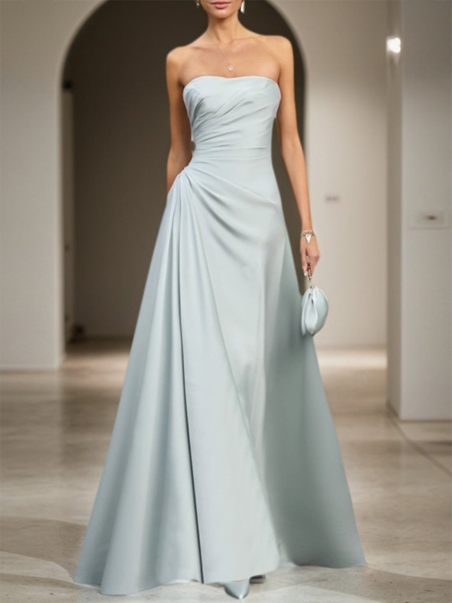 Formal Wedding Guest Dress Blue Strapless Sleeveless Maxi Satin Dress