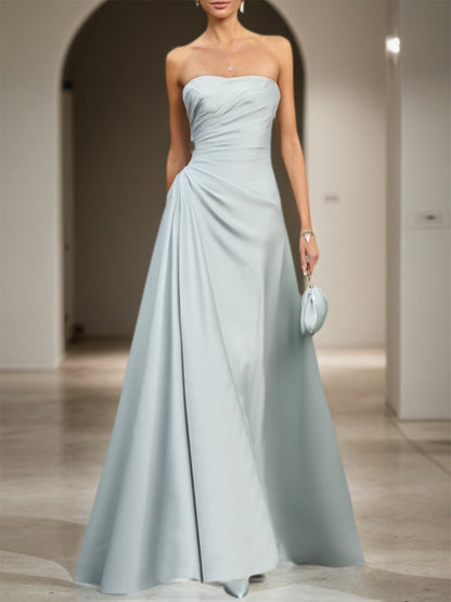 Formal Wedding Guest Dress Blue Strapless Sleeveless Maxi Satin Dress