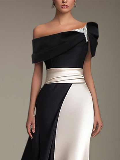 Party Formal Dress One Shoulder Short Sleeves Floor Length Satin Dress