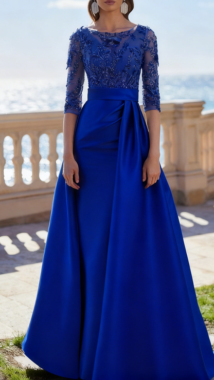 Scoop Long Sleeves Appliques Satin Sheath Mother of Bride Dress