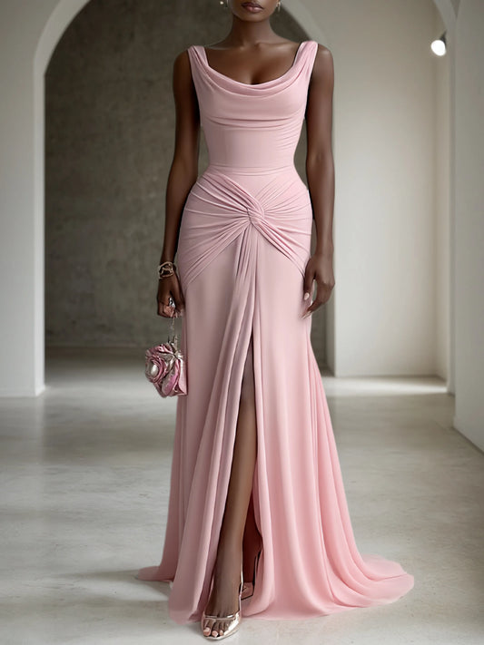 Pink Ruched Slit Formal Dress Cowl Neck Sleeveless A-Line Gown Dress