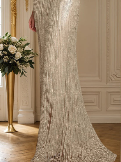 Evening Formal Dress Gold Sequin Off-The-Shoulder Maxi Gown
