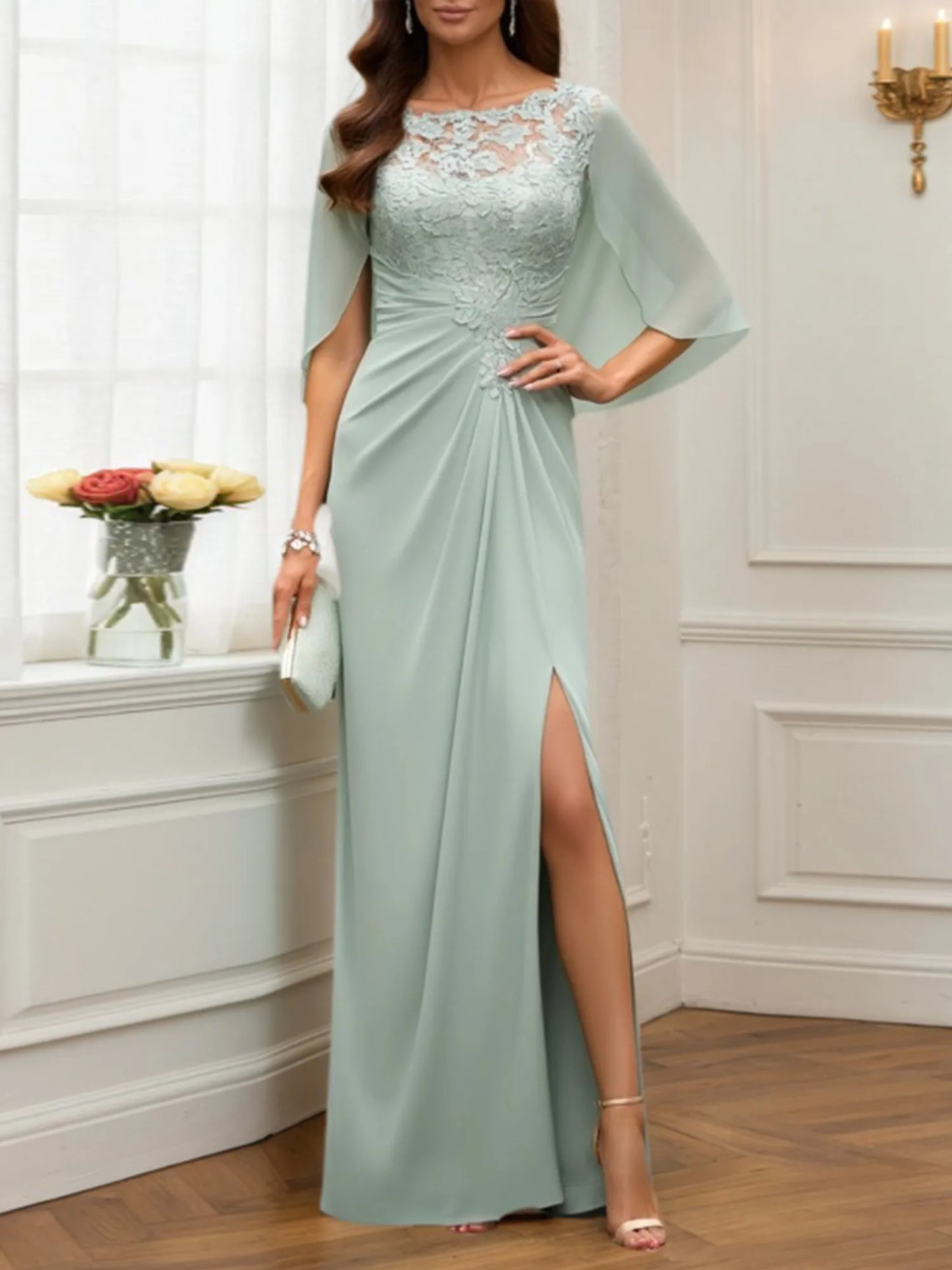 Mother of the Bride Dress Green Lace Crew Neck Cape Maxi Dress
