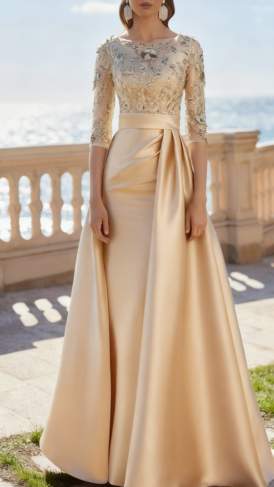 Scoop Long Sleeves Appliques Satin Sheath Mother of Bride Dress