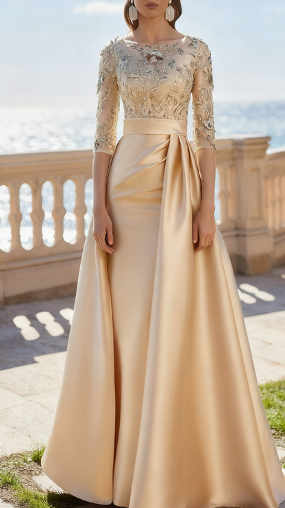 Scoop Long Sleeves Appliques Satin Sheath Mother of Bride Dress