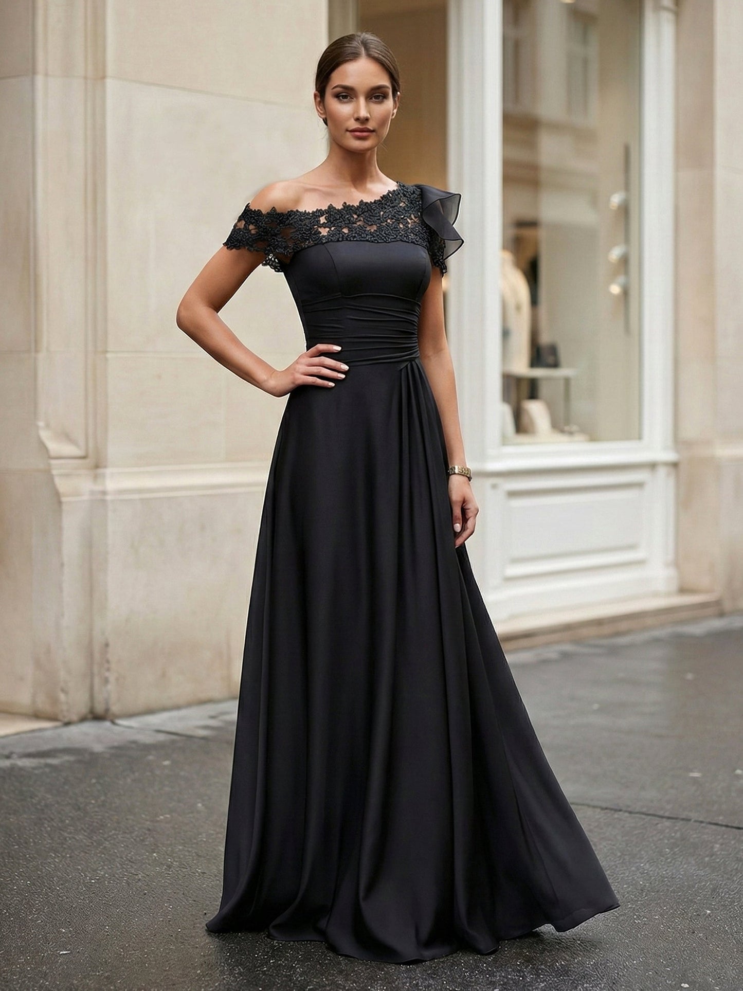Black One Shoulder Applique Chiffon Evening Dress with Ruffle