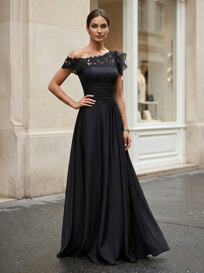 Black One Shoulder Applique Chiffon Evening Dress with Ruffle
