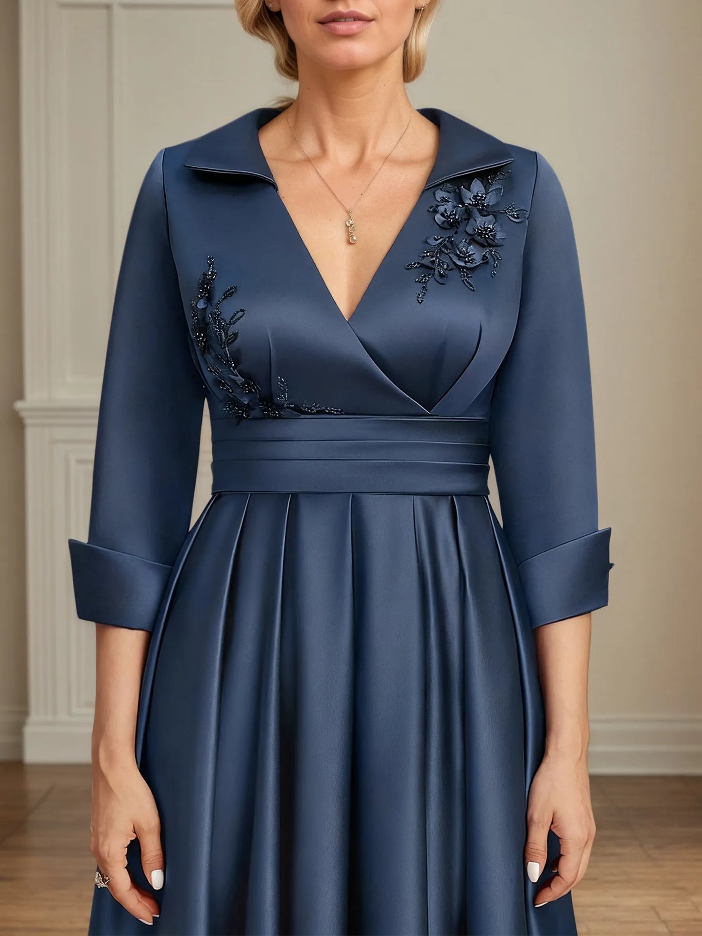 A-line V-Neck Collared Floor-Length Satin Mother of the Bride Dress With Beading 3D Floral Sequins Pleated