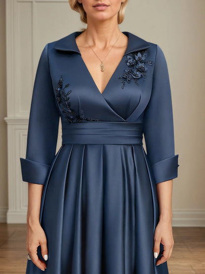 A-line V-Neck Collared Floor-Length Satin Mother of the Bride Dress With Beading 3D Floral Sequins Pleated