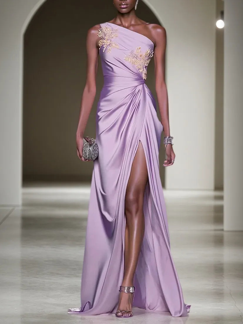 Purple Applique Ruched Classic One Shoulder Sleeveless A-Line Gown Dress