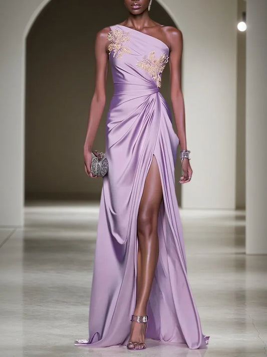 Purple Applique Ruched Classic One Shoulder Sleeveless A-Line Gown Dress