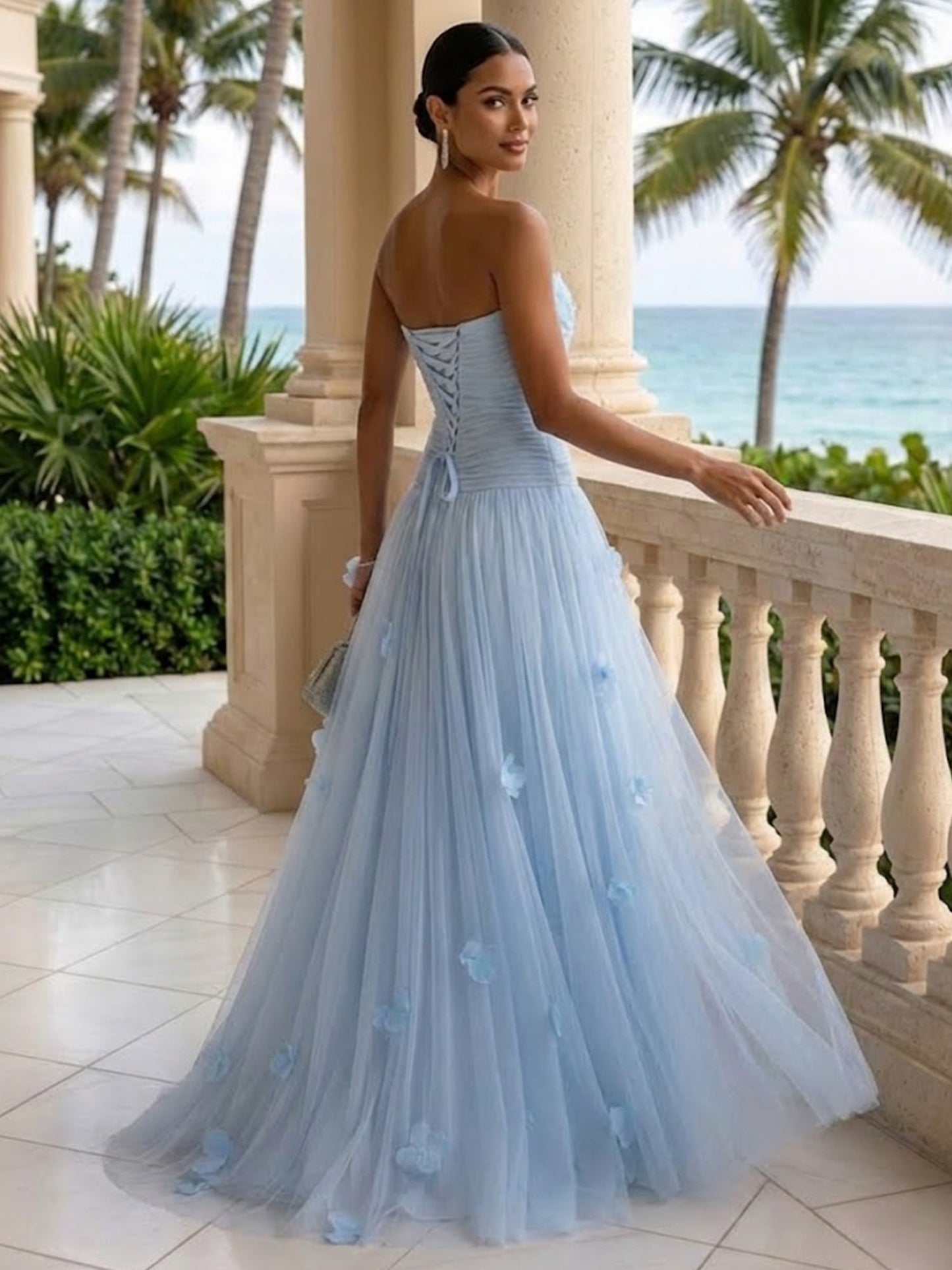 Light Blue Evening Dress with 3D Flower Strapless Pleat Maxi Dress