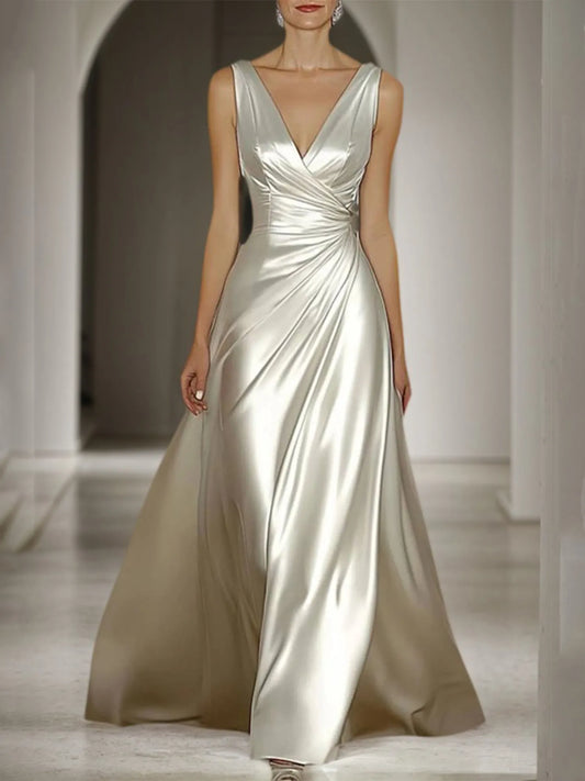 Evening Prom Satin Dress Off-White Sleeveless V-Neck Maxi Dress