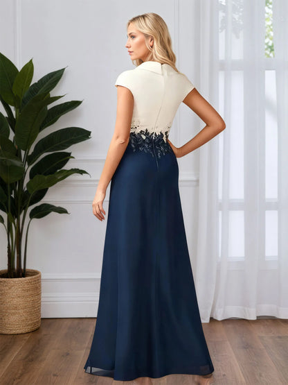A-line V Neck Floor-Length Chiffon Evening Dress With Lace Appliques