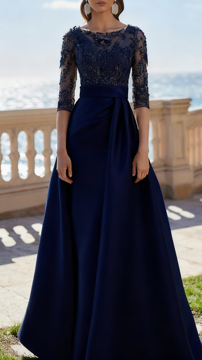 Scoop Long Sleeves Appliques Satin Sheath Mother of Bride Dress