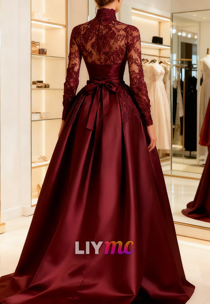 High Neck Long Sleeves Appliques A-Line Evening Dress