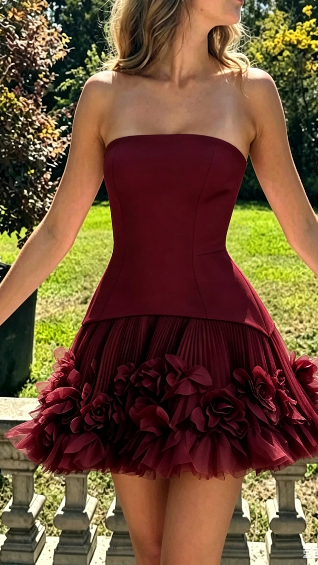 Strapless Rosette Drop-Waist Mini Dress