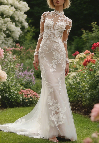 High Neck Long Sleeves Appliques Lace Wedding Dress