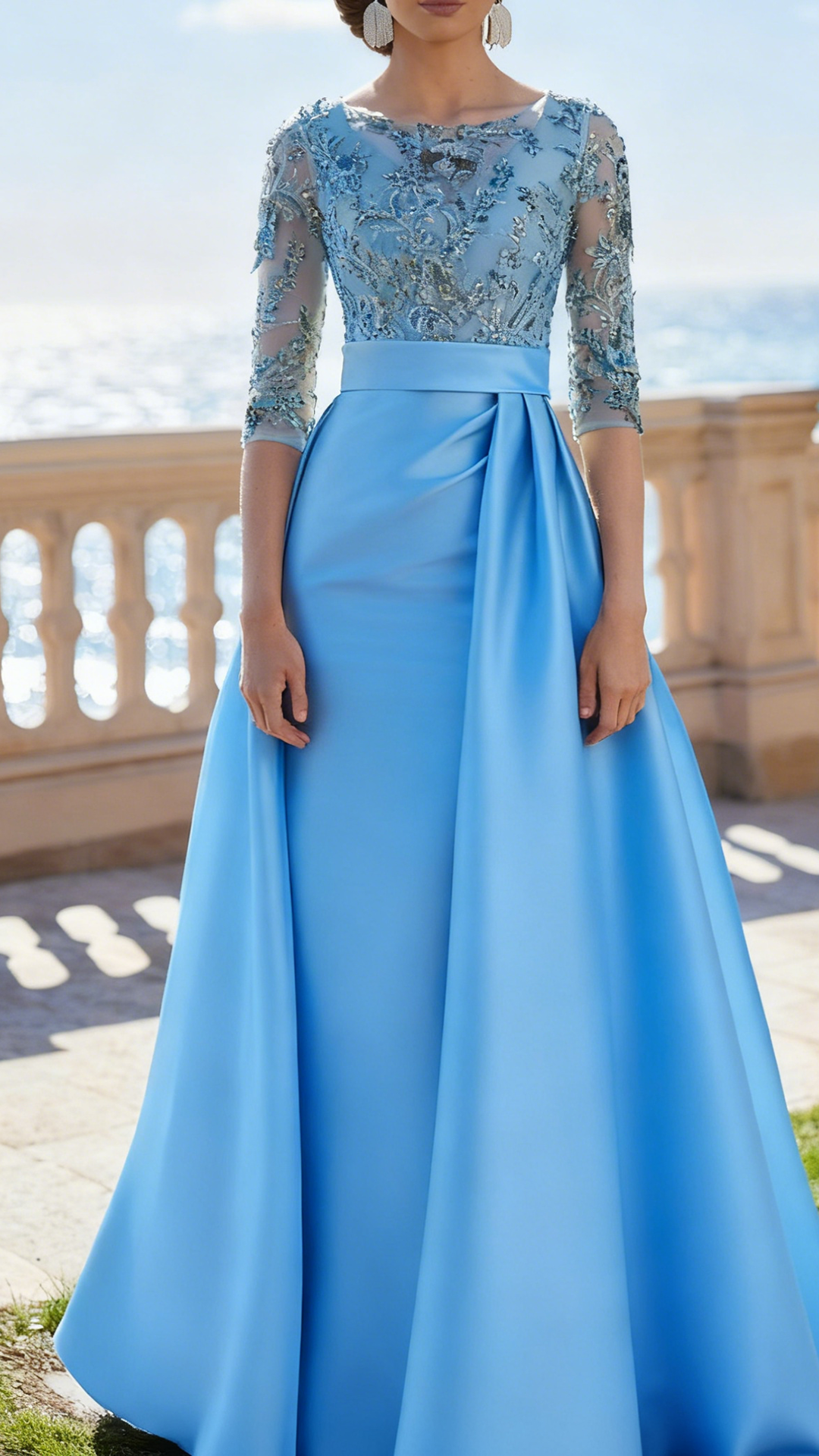 Scoop Long Sleeves Appliques Satin Sheath Mother of Bride Dress