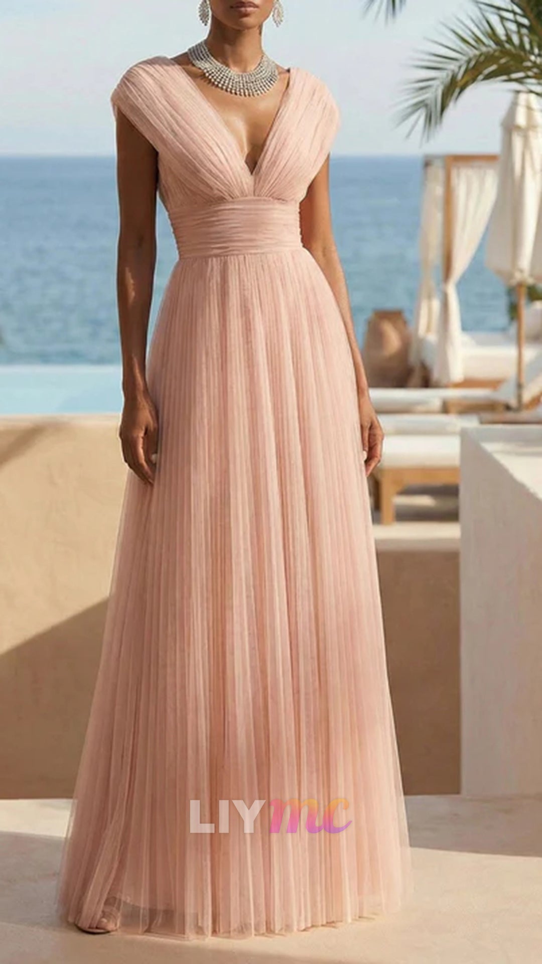 Pink V Neck A Line Regular Straps Tulle Maxi Dresses for Women Backless