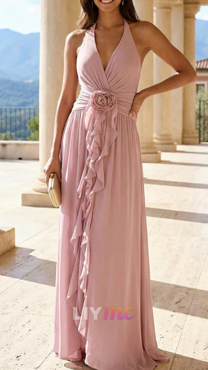 Dusty Pink Halter V-Neck Maxi Dress with 3D Flower Ruffle Chiffon Gown