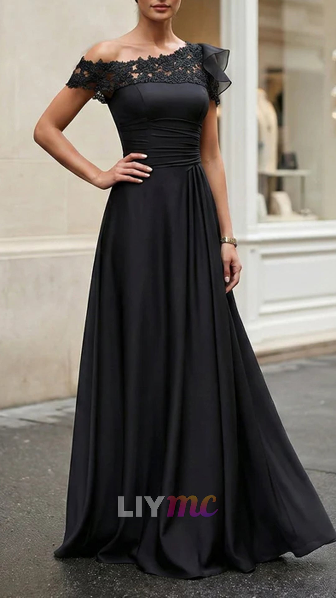 Black One Shoulder Applique Chiffon Evening Dress with Ruffle