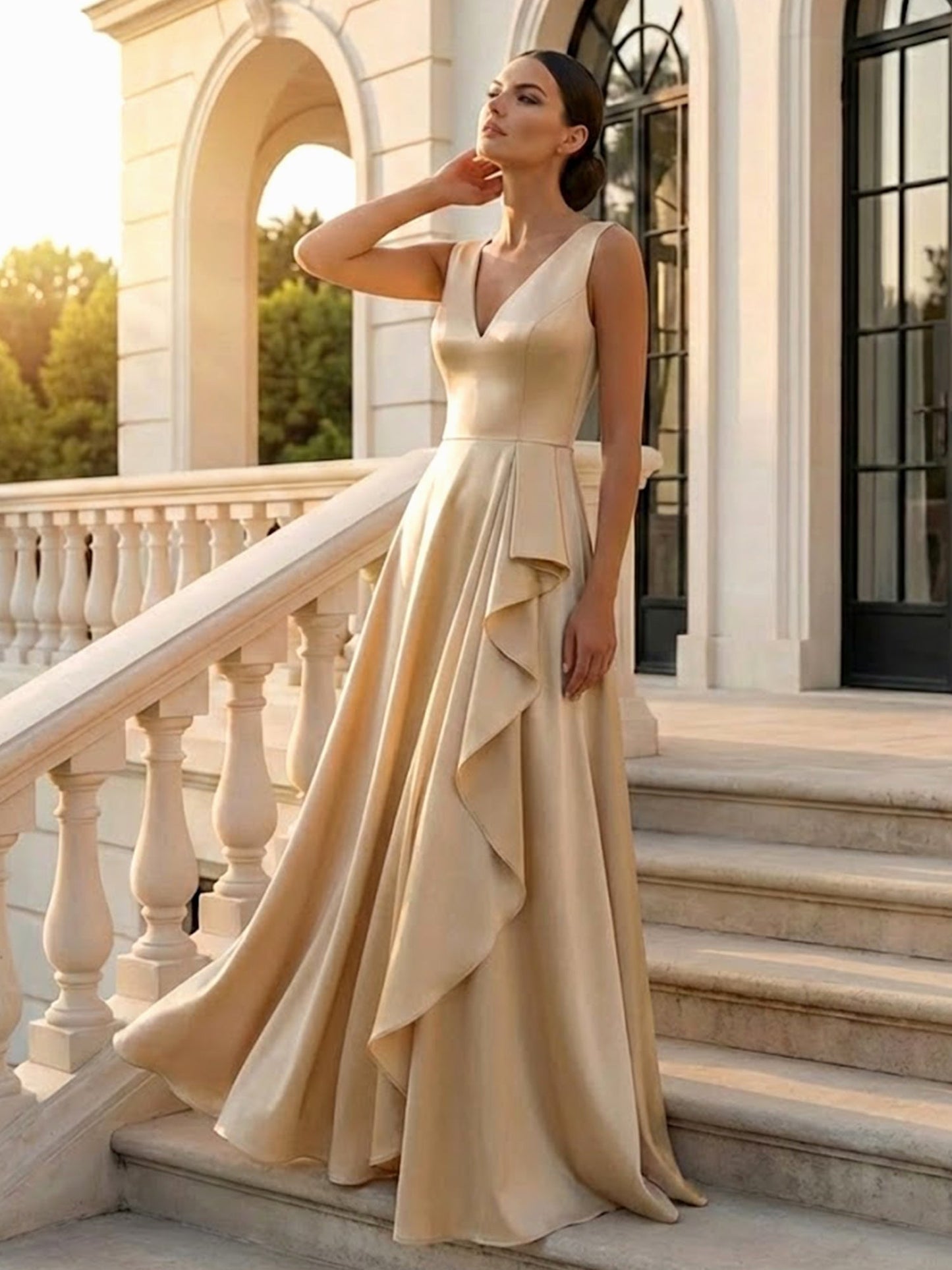 Champagne V Neck Evening Dress with Ruffle A Line Maxi Dress