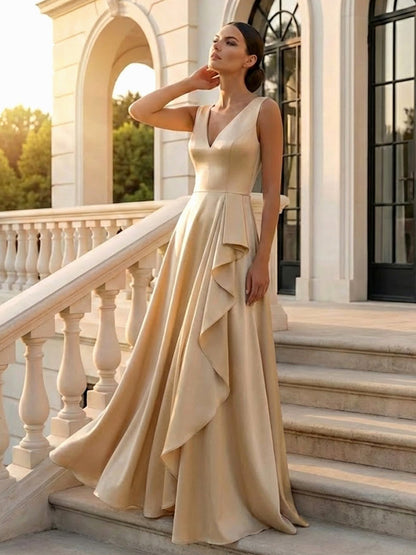 Champagne V Neck Evening Dress with Ruffle A Line Maxi Dress