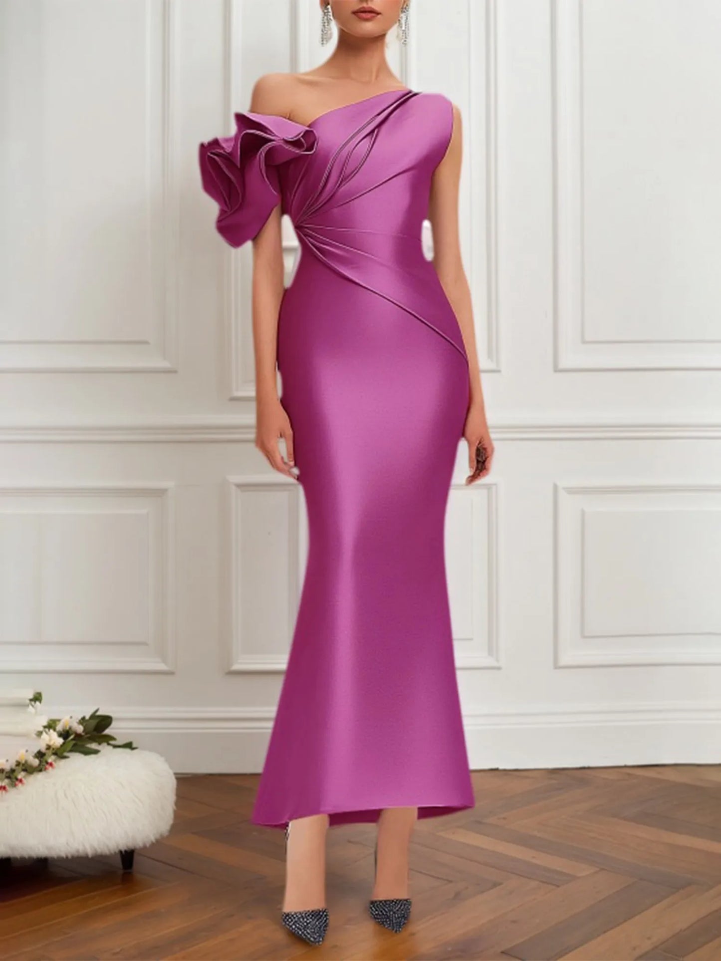 Semi-Formal Satin Dress Purple One-Shoulder Pleated Flower Sleeve Maxi Dress