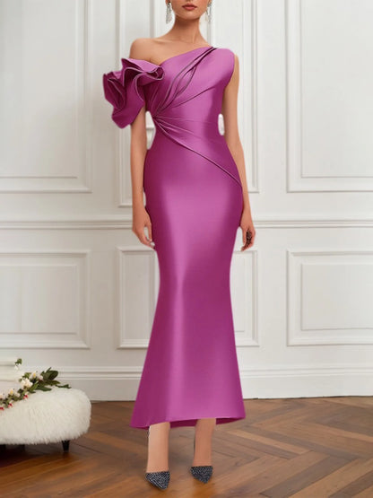 Semi-Formal Satin Dress Purple One-Shoulder Pleated Flower Sleeve Maxi Dress