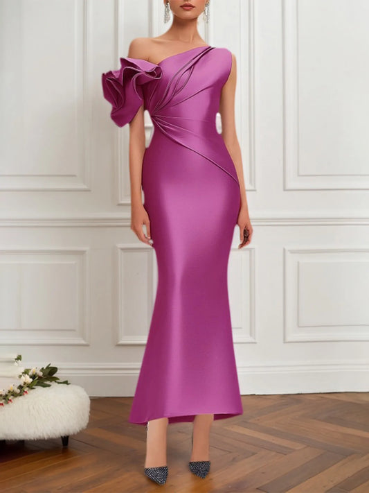 Semi-Formal Satin Dress Purple One-Shoulder Pleated Flower Sleeve Maxi Dress