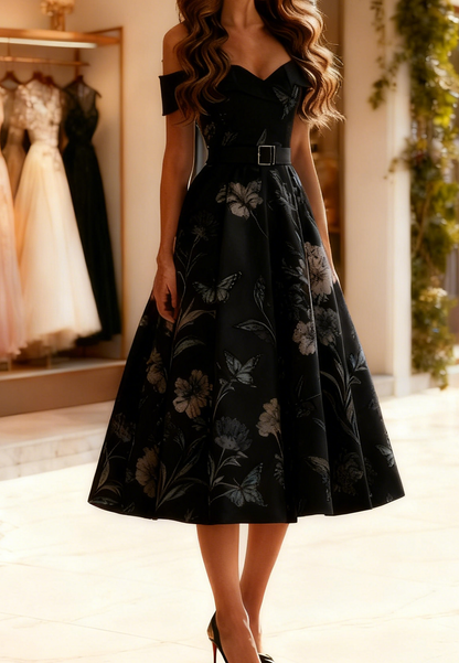 Off-Shoulder Floral Printed A-Line Satin Mother of Bride Dress