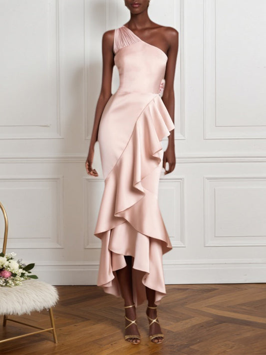 Party Dress Light Pink Satin One Shoulder Ruffle Midi Dress
