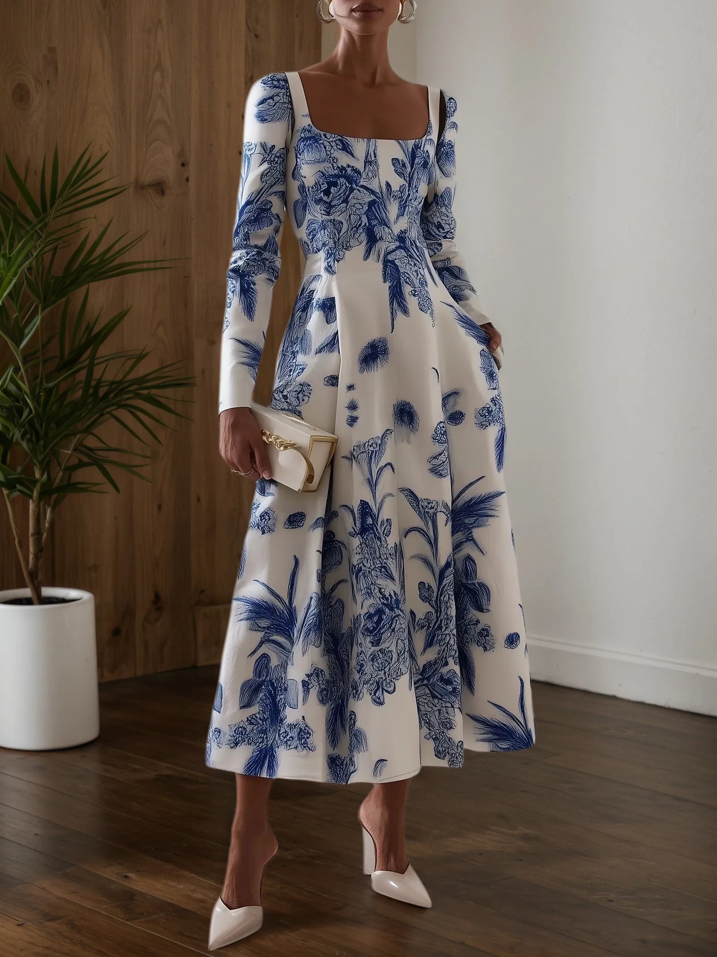Blue Floral Classic Square Neck Long Sleeve A-Line Midi Dress