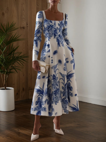 Blue Floral Classic Square Neck Long Sleeve A-Line Midi Dress