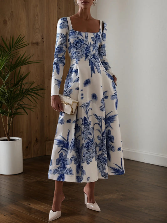 Blue Floral Classic Square Neck Long Sleeve A-Line Midi Dress
