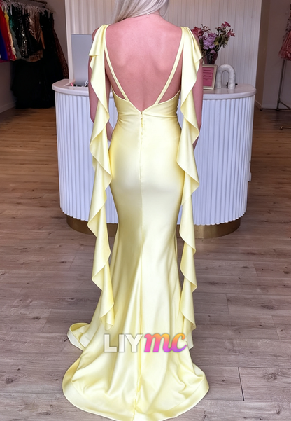 V-Neck Spaghetti Straps Ruffled Sleek Mermaid Prom Dress