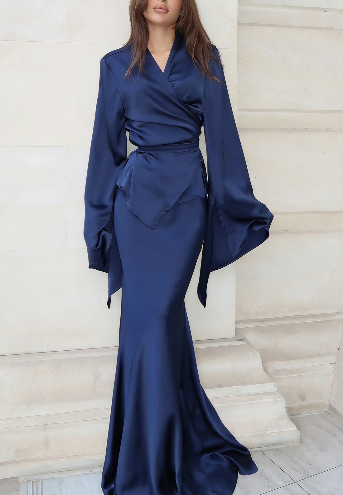 V-Neck Long Sleeves Mermaid Formal Dress