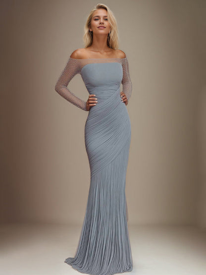 Evening Prom Gown Off Shoulder Glitter Pleated Light Blue Maxi Dress