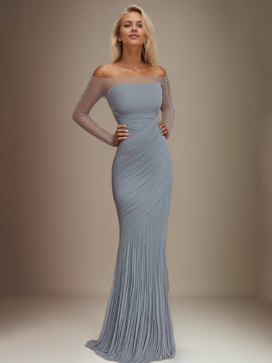 Evening Prom Gown Off Shoulder Glitter Pleated Light Blue Maxi Dress